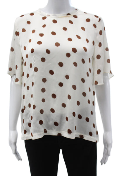 MNG Women Basic White Polka Dot Short Sleeve Blouse Round Neck Button Size L