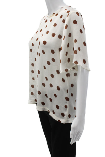 MNG Women Basic White Polka Dot Short Sleeve Blouse Round Neck Button Size L