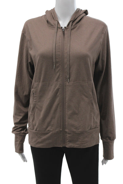 Quince Women Brown Full Zip Hoodie High Neck Long Sleeve Size M
