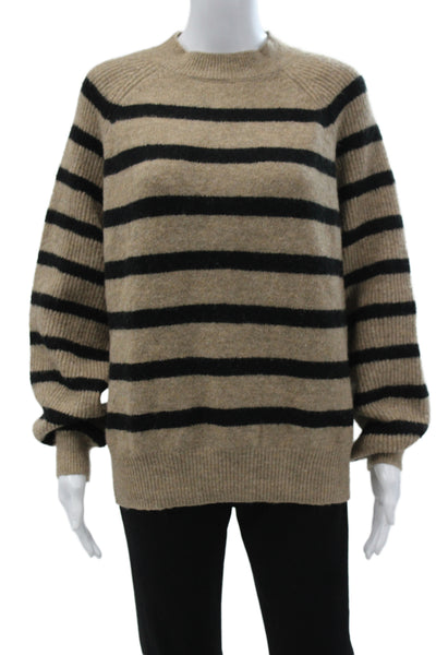 MNG Womens Pullover Sweater Beige Striped Crew Neck Long Sleeve Size L
