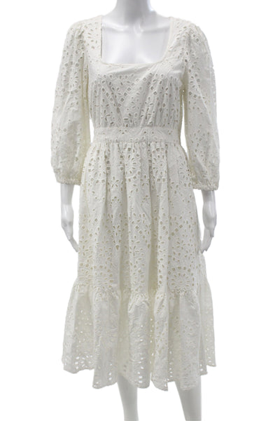 Nordstrom Women Fit & Flare Dress White Square Neck 3/4 Sleeve Boho Size S