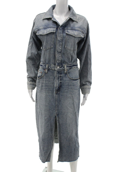Pistola Women Shirt Dress Blue Cotton Long Sleeve Collared Button Solid Size S