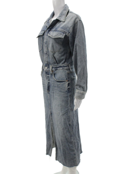 Pistola Women Shirt Dress Blue Cotton Long Sleeve Collared Button Solid Size S