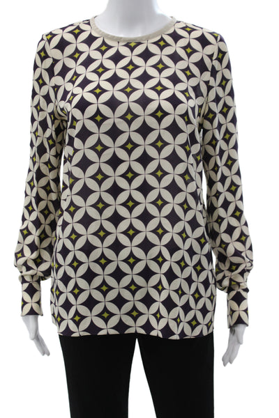 Mantu Women Basic Beige Silk Geometric Round Neck Long Sleeve Blouse Size M