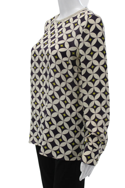 Mantu Women Basic Beige Silk Geometric Round Neck Long Sleeve Blouse Size M
