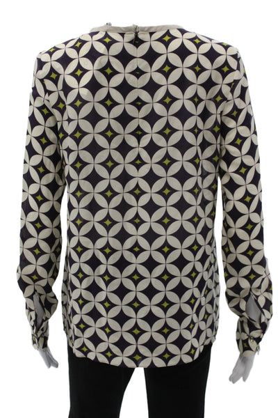 Mantu Women Basic Beige Silk Geometric Round Neck Long Sleeve Blouse Size M