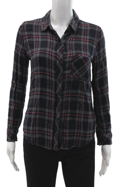Rails Womens Black Rayon Collared Button Up Blouse Long Sleeve Petite Size S