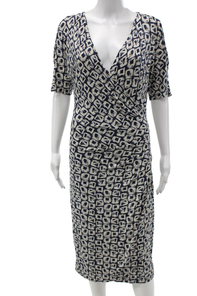 Peserico Womens Wrap Dress Blue V-Neck Short Sleeve Geometric Rayon Size M
