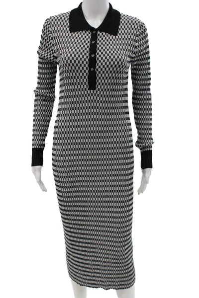 Elie Tahari Womens Sweater Dress Black Check Collared Long Sleeve Button Size M