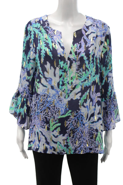 Lilly Pulitzer Women Blue Floral V-Neck Silk Tunic 3/4 Sleeve Size L