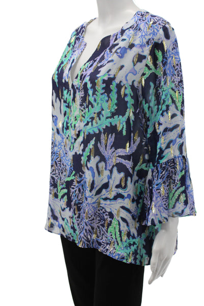 Lilly Pulitzer Women Blue Floral V-Neck Silk Tunic 3/4 Sleeve Size L