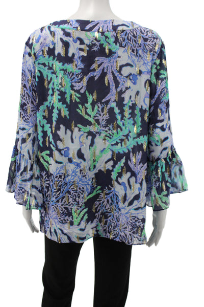 Lilly Pulitzer Women Blue Floral V-Neck Silk Tunic 3/4 Sleeve Size L