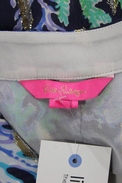 Lilly Pulitzer Women Blue Floral V-Neck Silk Tunic 3/4 Sleeve Size L