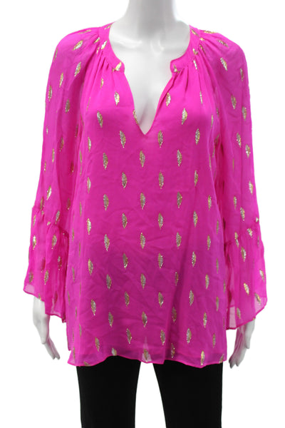 Lilly Pulitzer Womens Tunic V-Neck Argyle Pink Silk Long Sleeve Size M