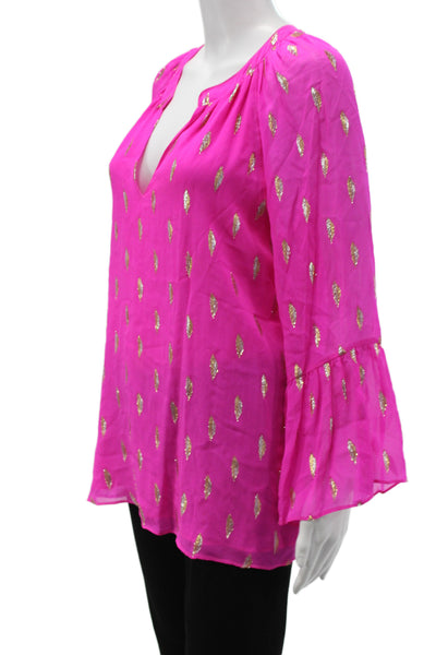 Lilly Pulitzer Womens Tunic V-Neck Argyle Pink Silk Long Sleeve Size M