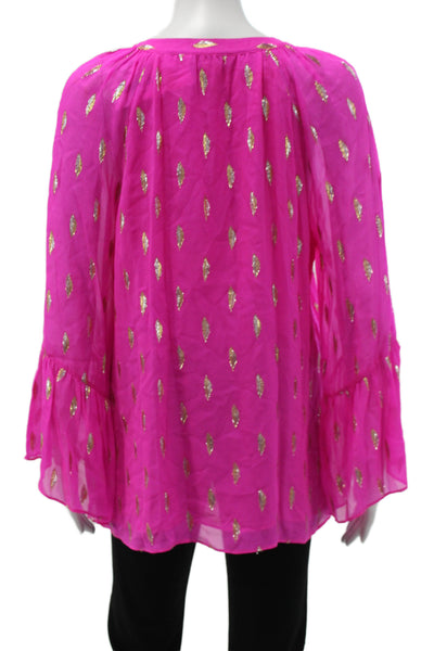 Lilly Pulitzer Womens Tunic V-Neck Argyle Pink Silk Long Sleeve Size M