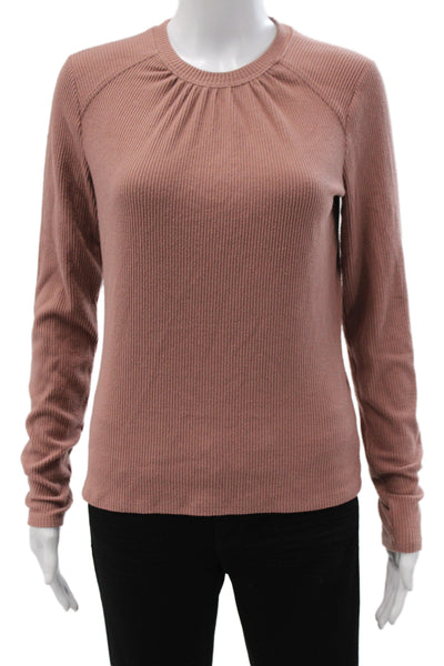 Nation Los Angeles Womens Ribbed Knit Pink Crew Neck Long Sleeve T-Shirt Size S