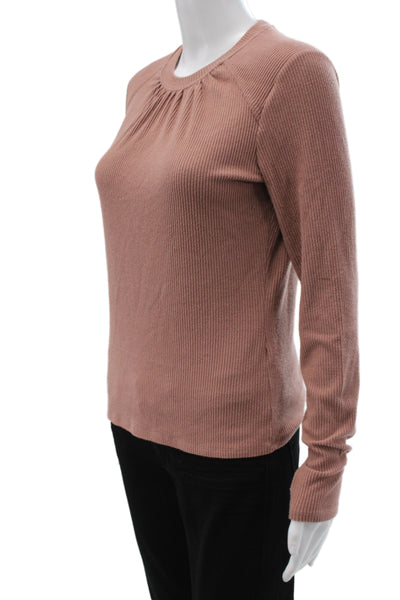 Nation Los Angeles Womens Ribbed Knit Pink Crew Neck Long Sleeve T-Shirt Size S