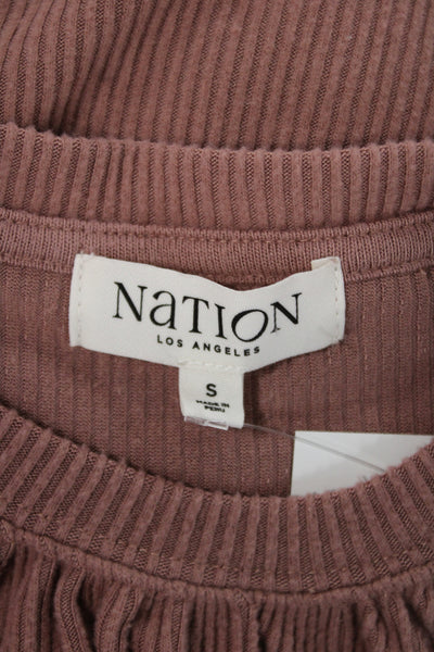 Nation Los Angeles Womens Ribbed Knit Pink Crew Neck Long Sleeve T-Shirt Size S