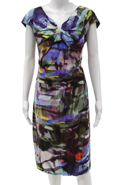 Escada Womens Sheath Dress Silk Geometric V-Neck Short Sleeve Midi Size 44