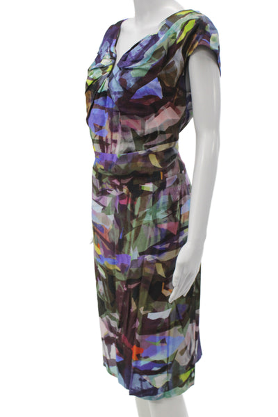 Escada Womens Sheath Dress Silk Geometric V-Neck Short Sleeve Midi Size 44