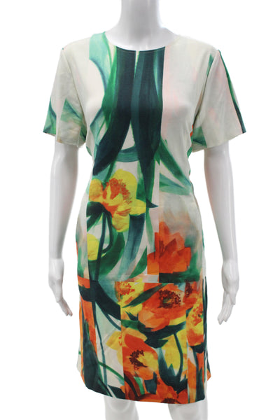 St. John Womens Sheath Floral Silk Mid-Calf Dress Zip Multicolor Size 14