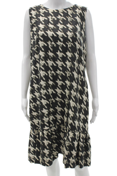 J Crew Womens Shift Dress Black Silk Houndstooth Sleeveless Round Neck Size L