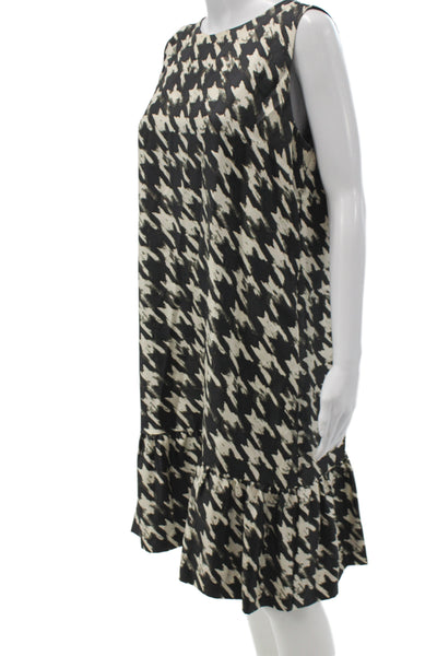 J Crew Womens Shift Dress Black Silk Houndstooth Sleeveless Round Neck Size L