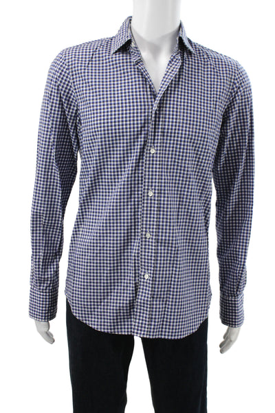 Band Of Outsiders Men Blue Cotton Checked Collared Button Up Long Sleeve Size 3