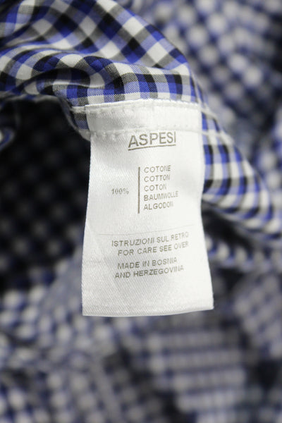 Aspesi Mens Cotton Checkered Print Long Sleeve Button-Down Shirt Blue Size 40
