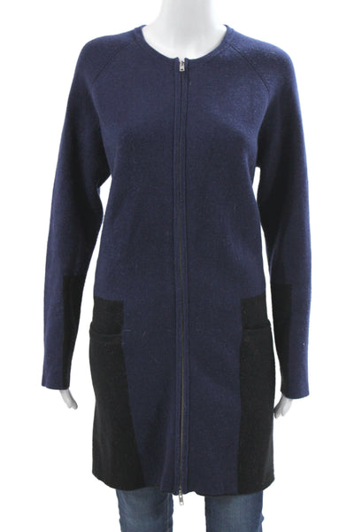Kokun Women Cardigan Blue 70% Wool Zip Long Sleeve Round Neck Size M
