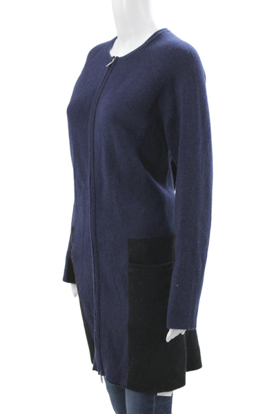 Kokun Women Cardigan Blue 70% Wool Zip Long Sleeve Round Neck Size M