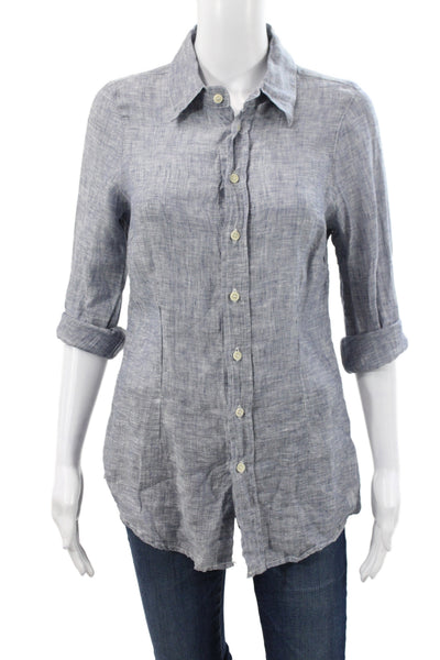 CP Shades Womens Blue Linen Collared Button Up 3/4 Sleeve Top Size XS
