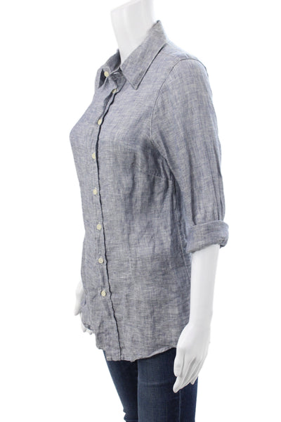 CP Shades Womens Blue Linen Collared Button Up 3/4 Sleeve Top Size XS