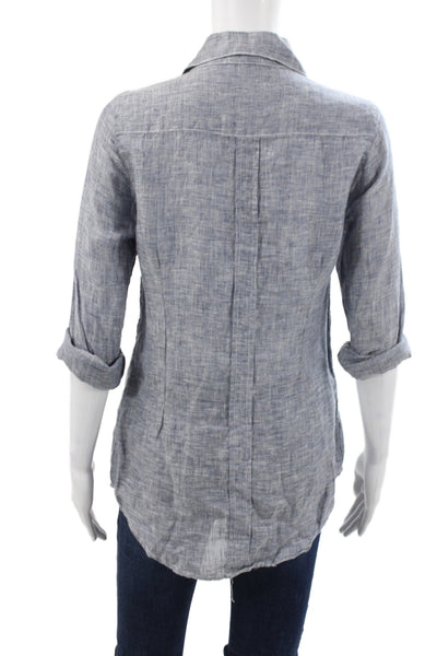 CP Shades Womens Blue Linen Collared Button Up 3/4 Sleeve Top Size XS