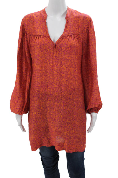 DH New York Womens Paisley Tunic Blouse V-Neck Long Sleeve Orange Size S