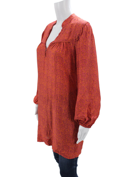 DH New York Womens Paisley Tunic Blouse V-Neck Long Sleeve Orange Size S