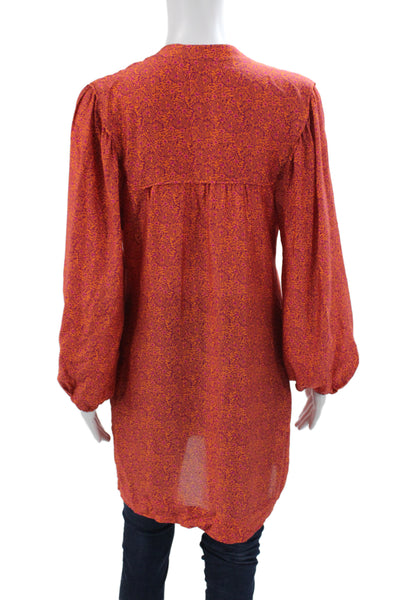 DH New York Womens Paisley Tunic Blouse V-Neck Long Sleeve Orange Size S