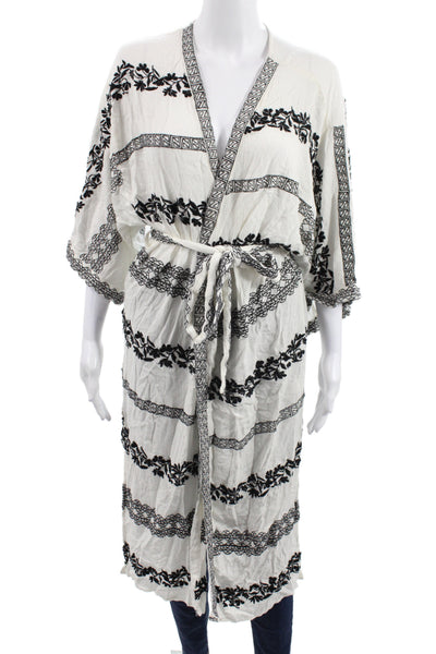 Hale Bob Women Kimono Floral V-Neck Tie Front Viscose 3/4 Sleeve White Size M