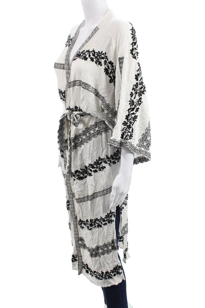 Hale Bob Women Kimono Floral V-Neck Tie Front Viscose 3/4 Sleeve White Size M