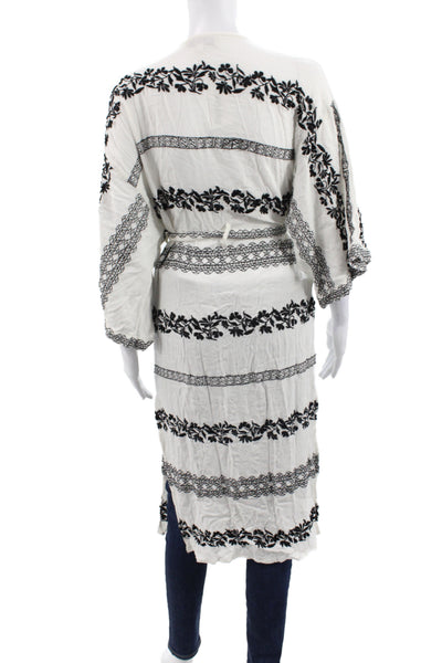 Hale Bob Women Kimono Floral V-Neck Tie Front Viscose 3/4 Sleeve White Size M