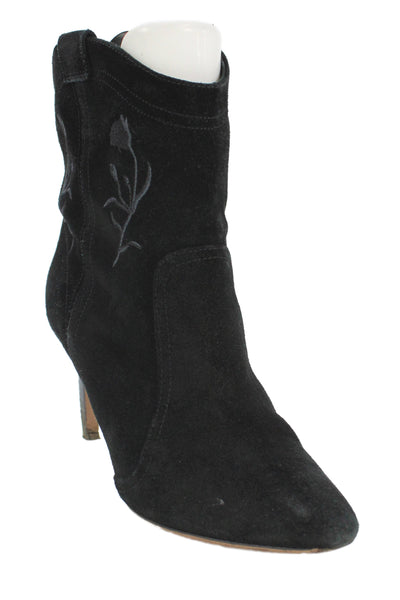 Ba&Sh Women's Pointed Toe Suede Floral Stiletto Ankle Boots Black Size 38