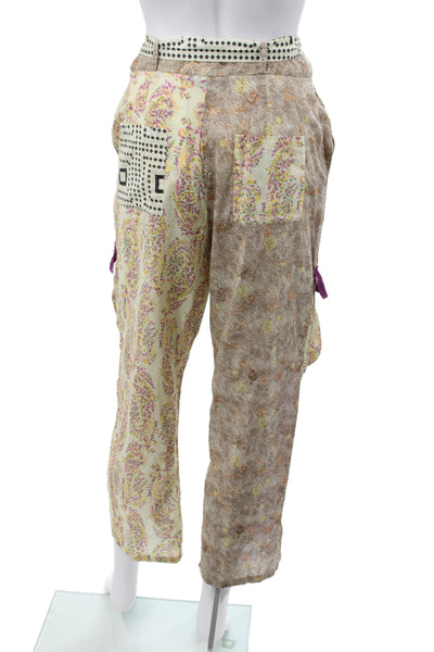 Zara Women Cargo Pants Beige Cotton Geometric Button Bohemian Size XS