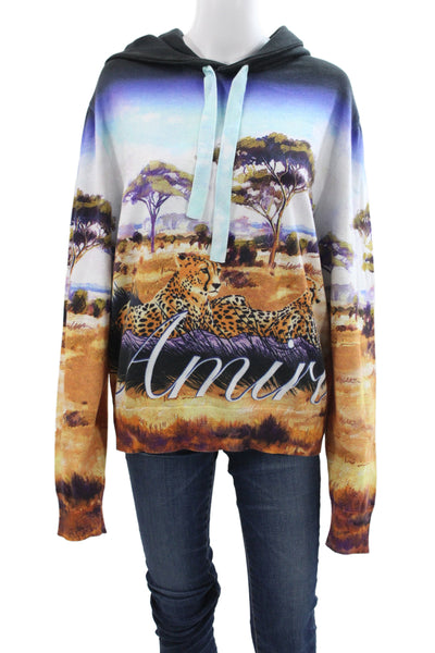 Amiri Mens Pullover Animal Print Cotton Sweater Long Sleeve Black Size S
