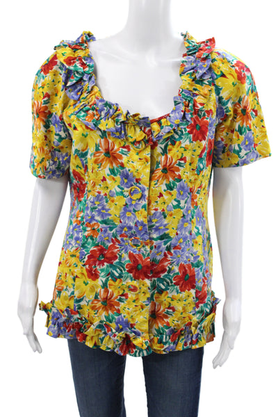 Oscar de la Renta Womens Floral Silk Tunic Blouse Scoop Neck Size 14
