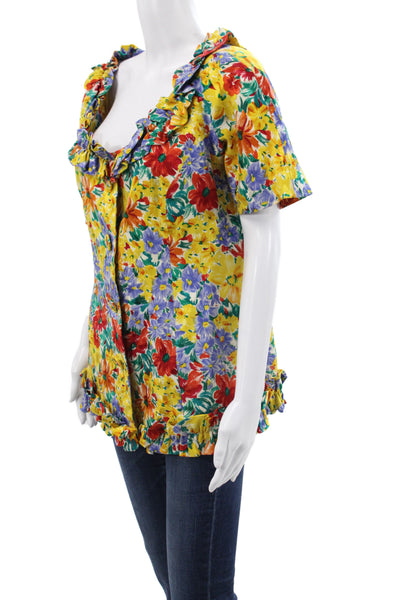 Oscar de la Renta Womens Floral Silk Tunic Blouse Scoop Neck Size 14