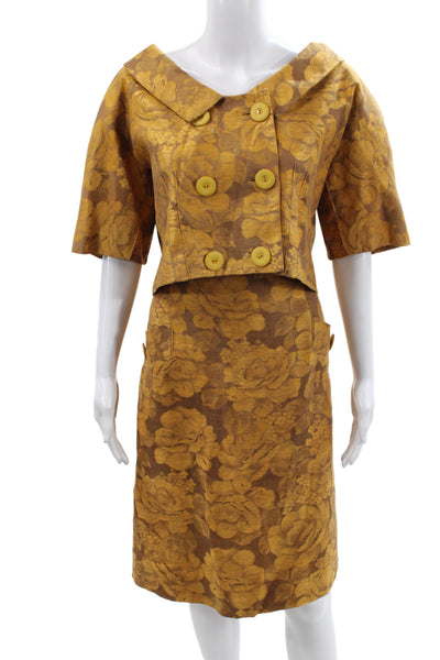 Albert Nipon Women Skirt Suit Brown Linen Floral Knee-Length Size 14