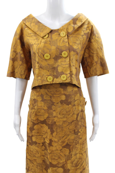 Albert Nipon Women Skirt Suit Brown Linen Floral Knee-Length Size 14