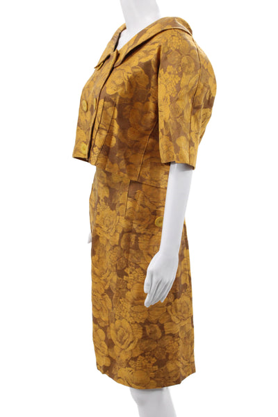 Albert Nipon Women Skirt Suit Brown Linen Floral Knee-Length Size 14