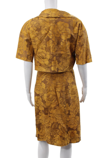 Albert Nipon Women Skirt Suit Brown Linen Floral Knee-Length Size 14